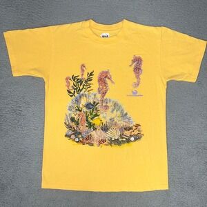 VTG Anvil Maritime Aquarium T Shirt Sz M Yellow Seahorse Reef‎ Single Stitch USA